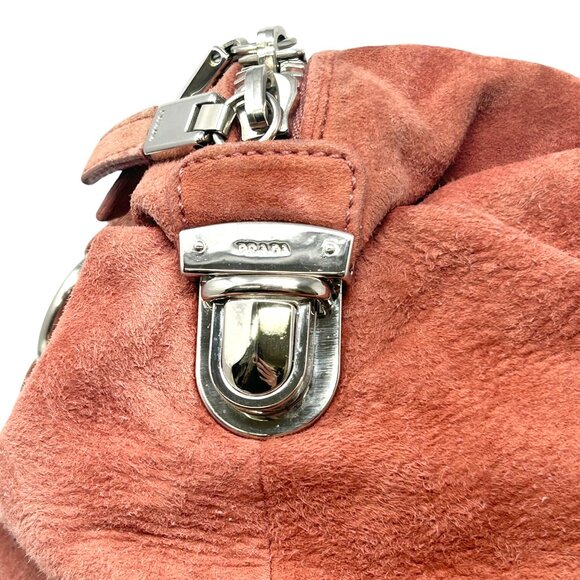PRADA Vintage Logo Shoulder Bag Tote Red Brown Silver Handbag Suede Zip [105155] - Picture 9 of 13